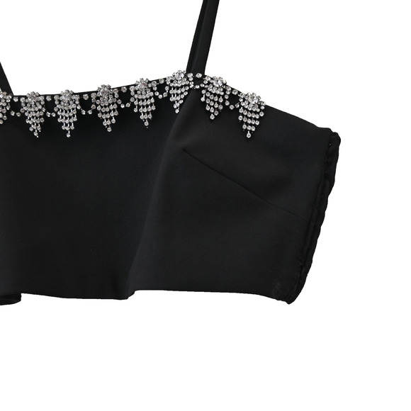 Sandro Bra Crop Top Size 0 Black Embellished Rhinestone Smocked Sleeveless - Picture 4 of 12